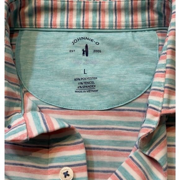 Johnnie O Performance Polo Shirt Pink/Green Large Stripes TPC Sawgrass Logo - Picture 3 of 7